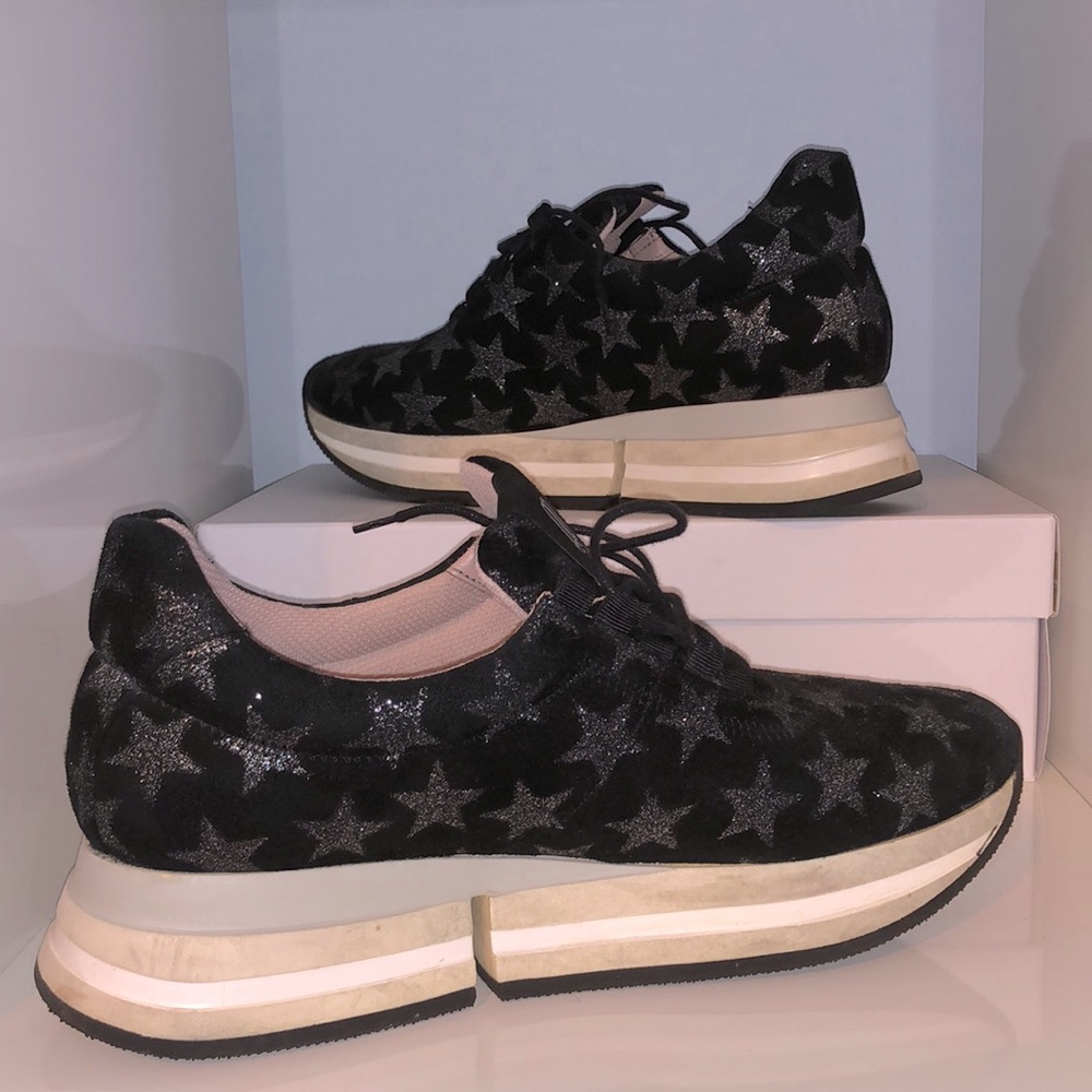 Black suede with silver stars platform sneakers